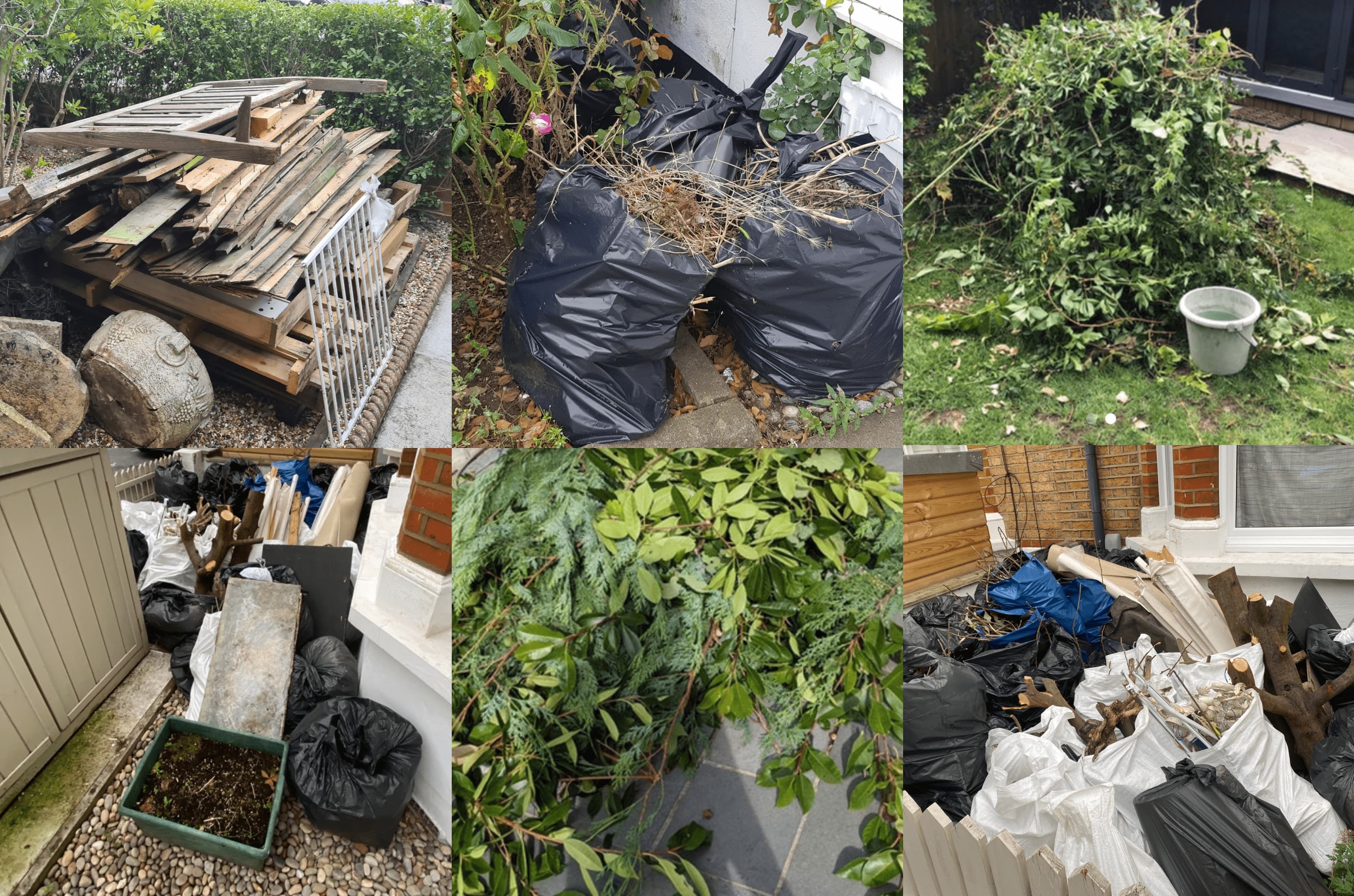 collage of garden rubbish types including broken shed, bags of clippings, tree, plant pots and soil