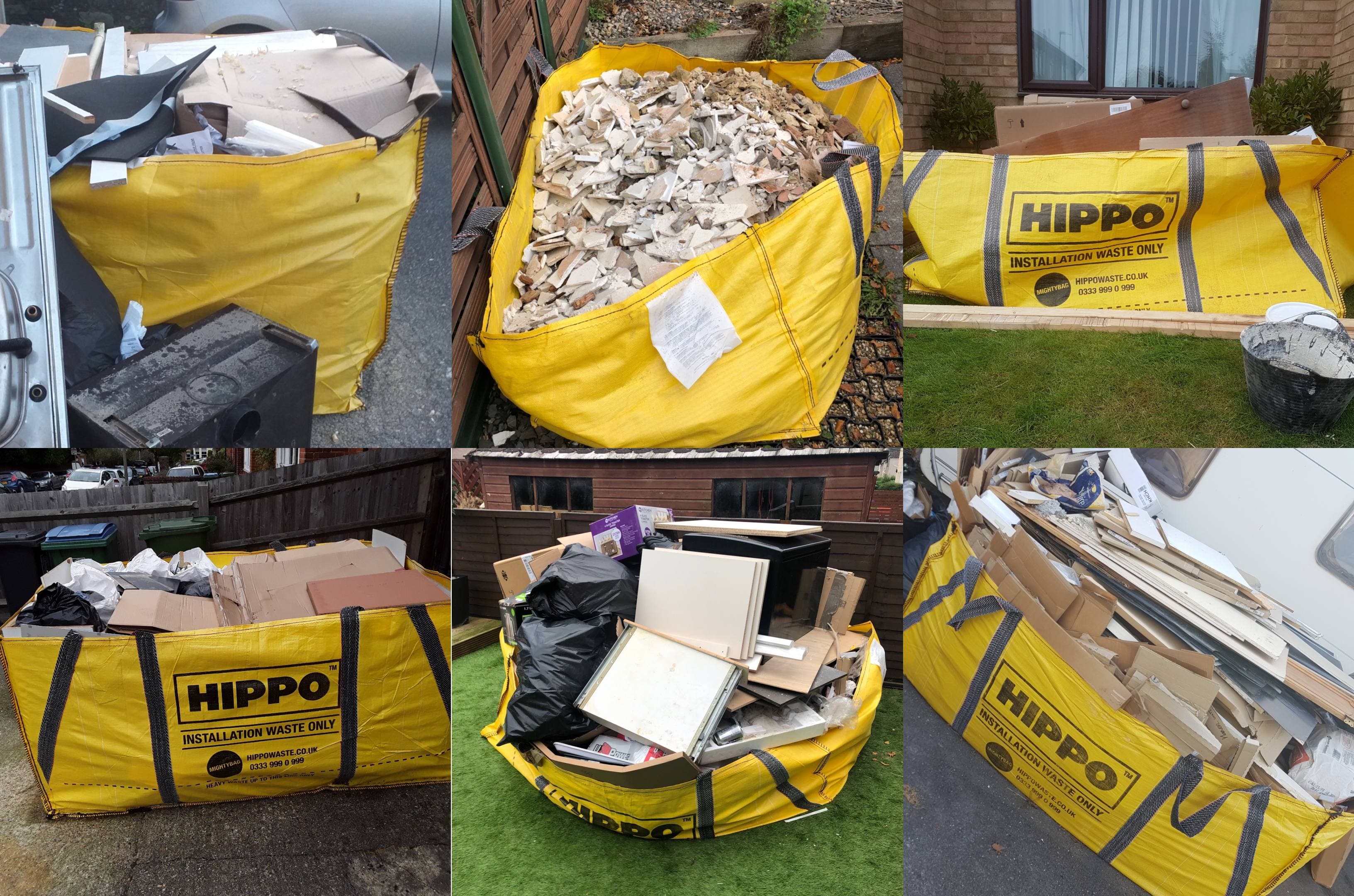 collage of 6 different cheap hippo bag collections filled with rubbish and waste